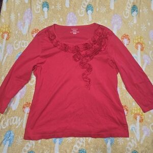 Van Heusen Red Long Sleeve Top with Lace Accent